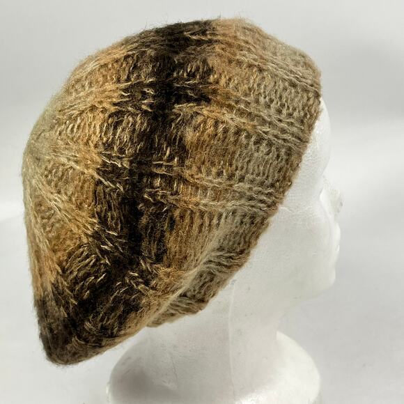 Vtg Brown Tan Acrylic Knit Beret Slouchy Cap Boho 1970s Pattern Textured Hat NWT